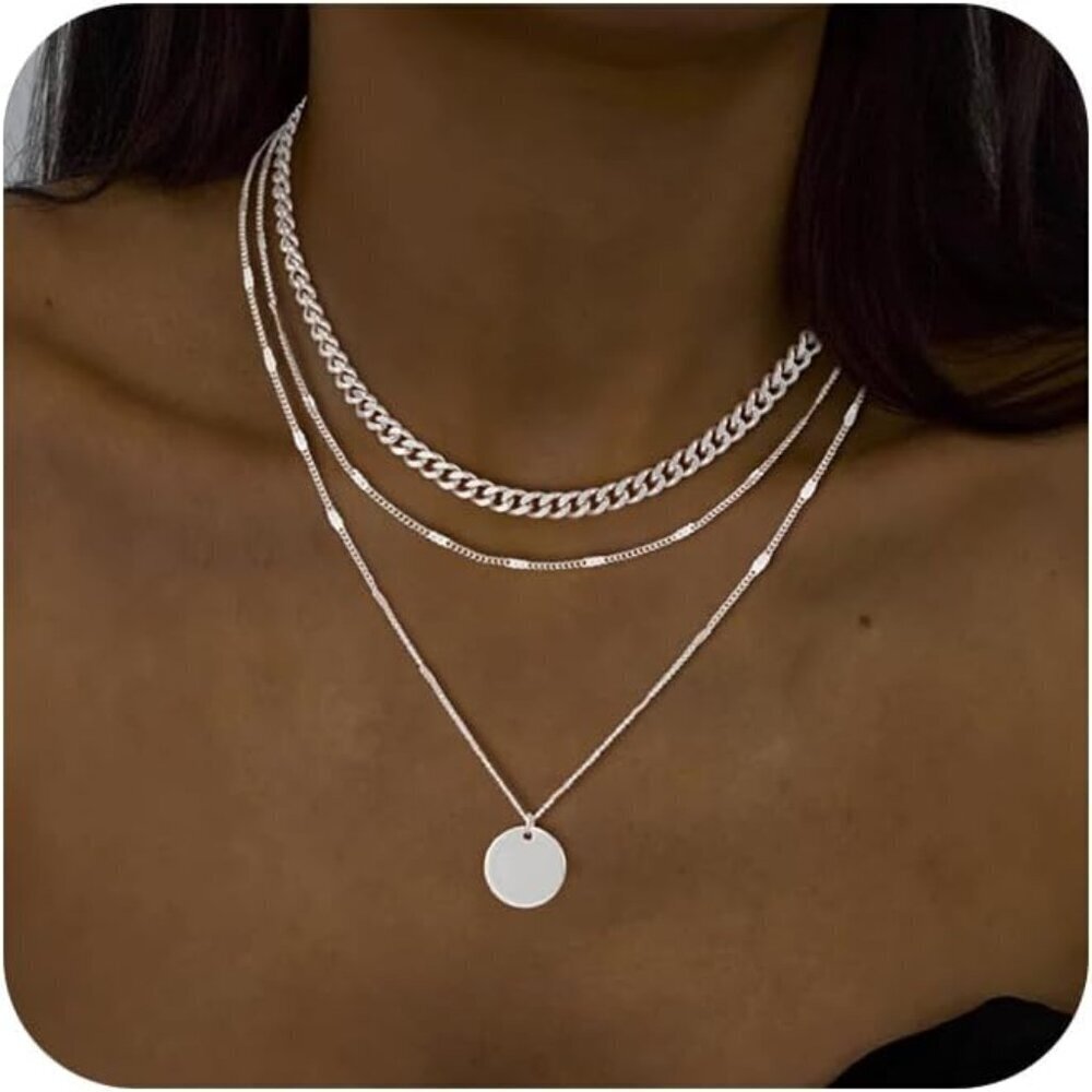 Silver Layered Necklace Set Sterling Silver Cuban Choker Dangle Jewelry